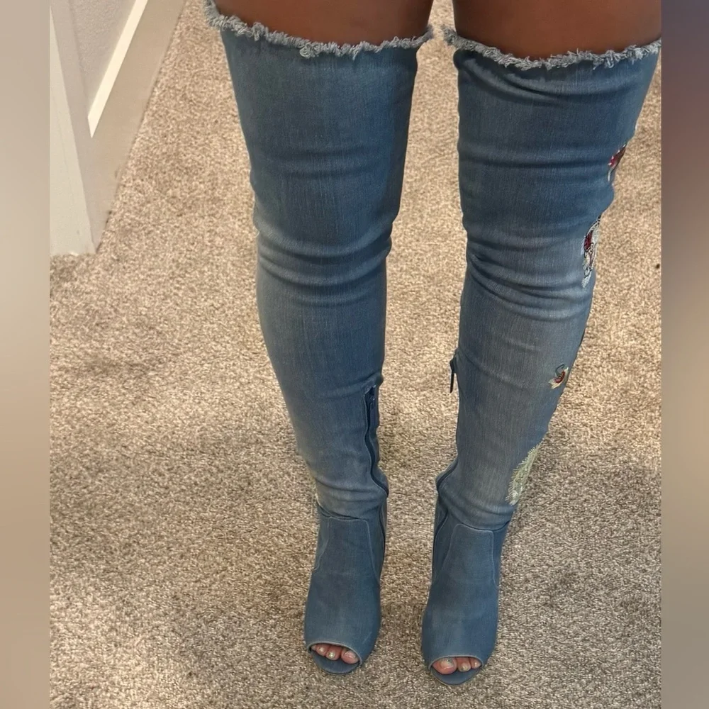 Toriana Blue Denim Like Club Embroidered Tiger Rose Over the Knee Boots- Size 8